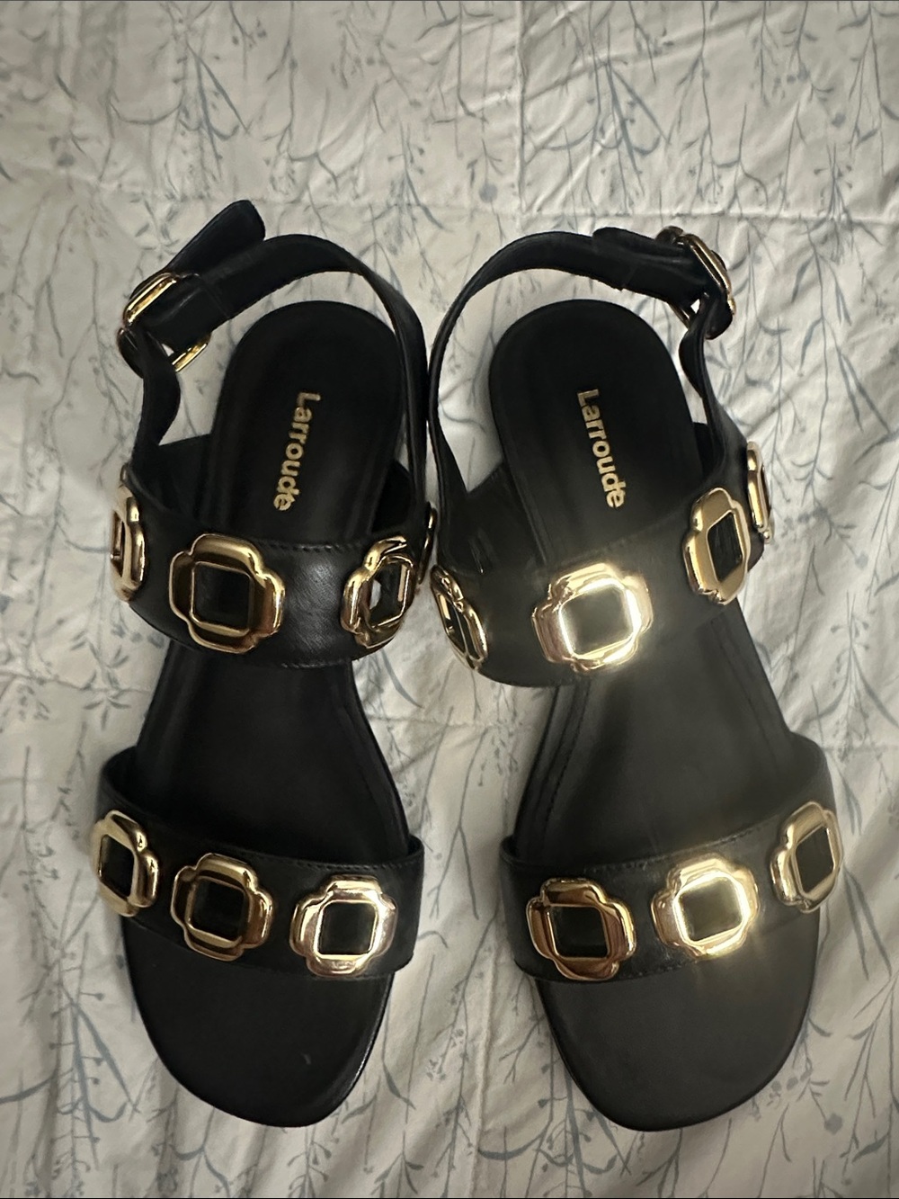 Larroude Black Sandals with Gold Accent Buckles